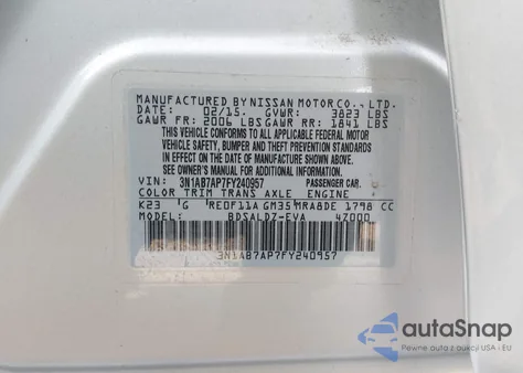 2015 Nissan Sentra Sv z USA, uszkodzony, nr VIN 3N1AB7AP7FY240957